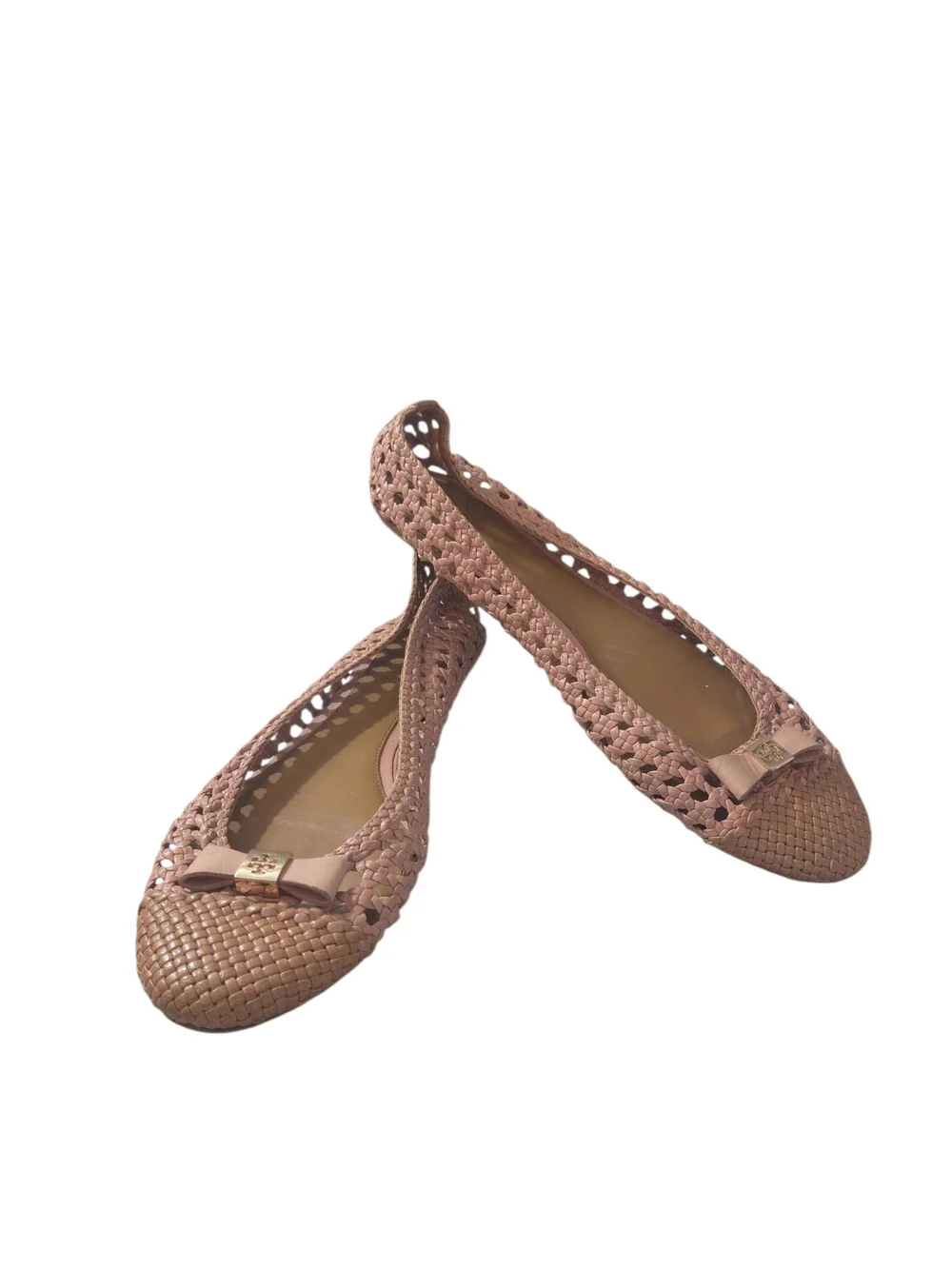 Tory Burch Carlyle Woven Bow Soft Pink Ballet Flats With Tan Cap Toes Sz 11